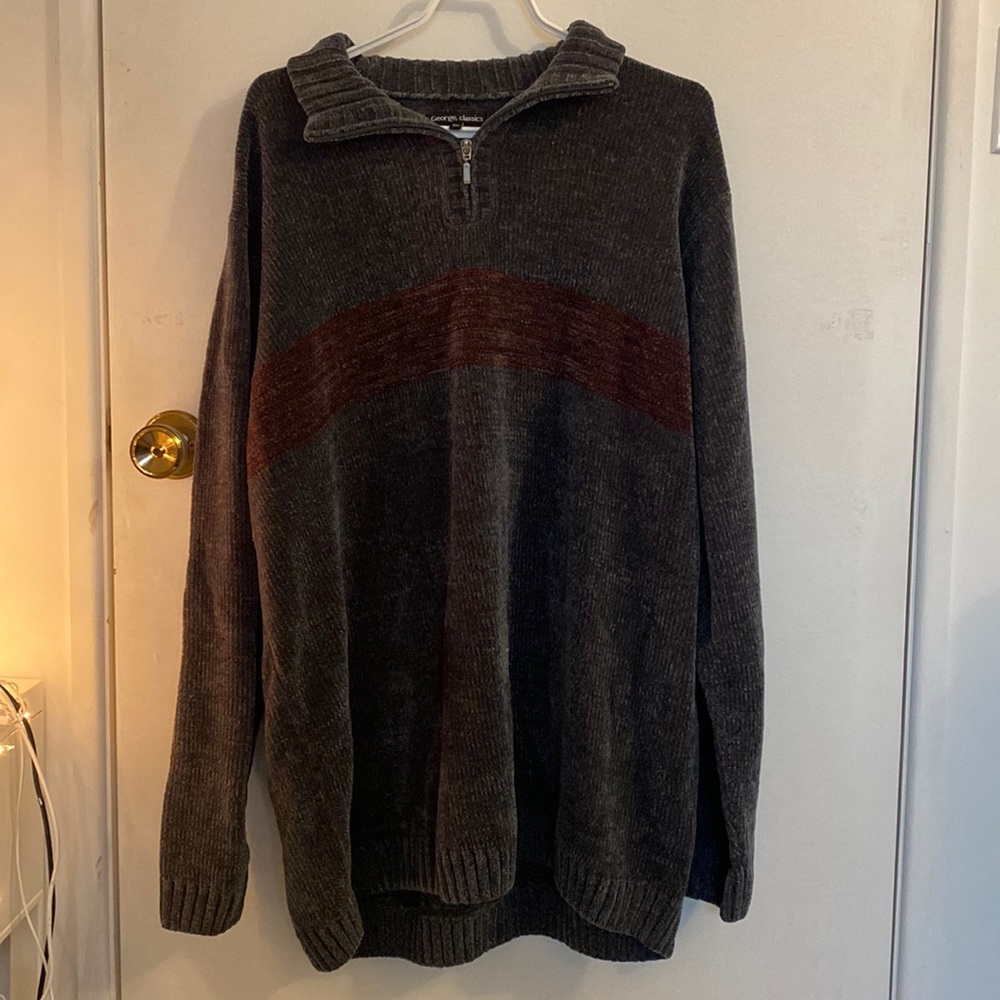 dark gray & red half zip sweater